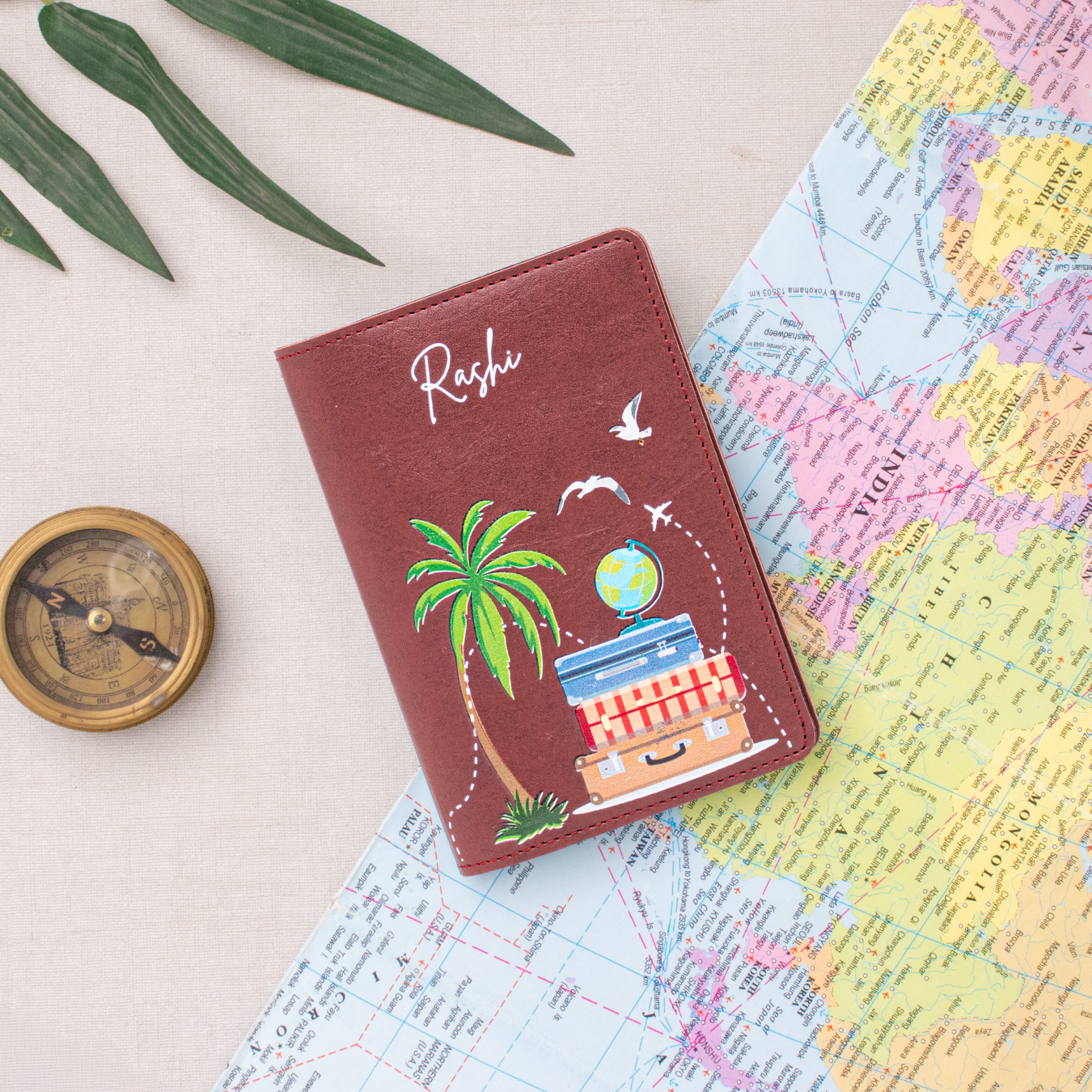 PERSONALISED PRINTED PASSPORT COVER - TROPICAL VIBES - MAROON